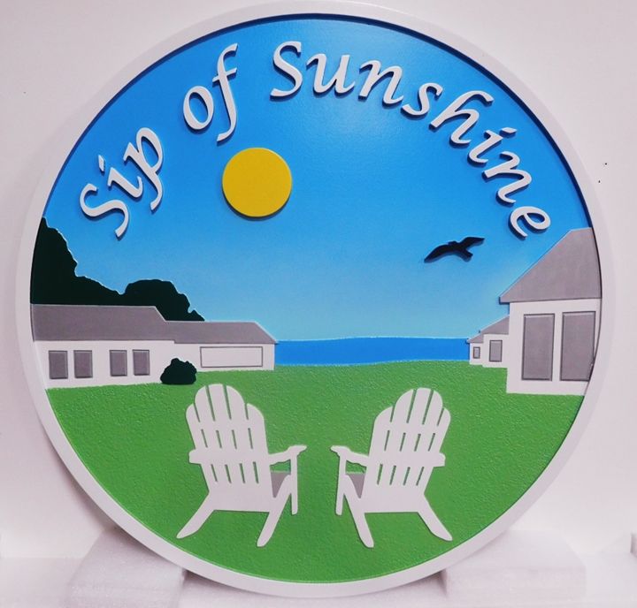 L21023 – Carved 2.5D HDU Beach House Sign “Sip of Sunshine” with Two Chairs facing Ocean and Evening Sun