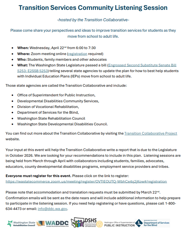 April 22: Transition Services Community Listening Session