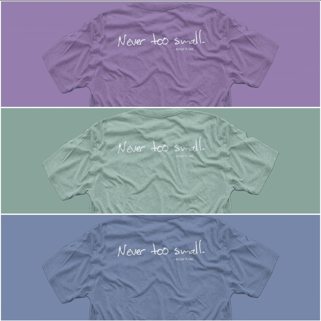 Three colored t-shirts saying "never too small"