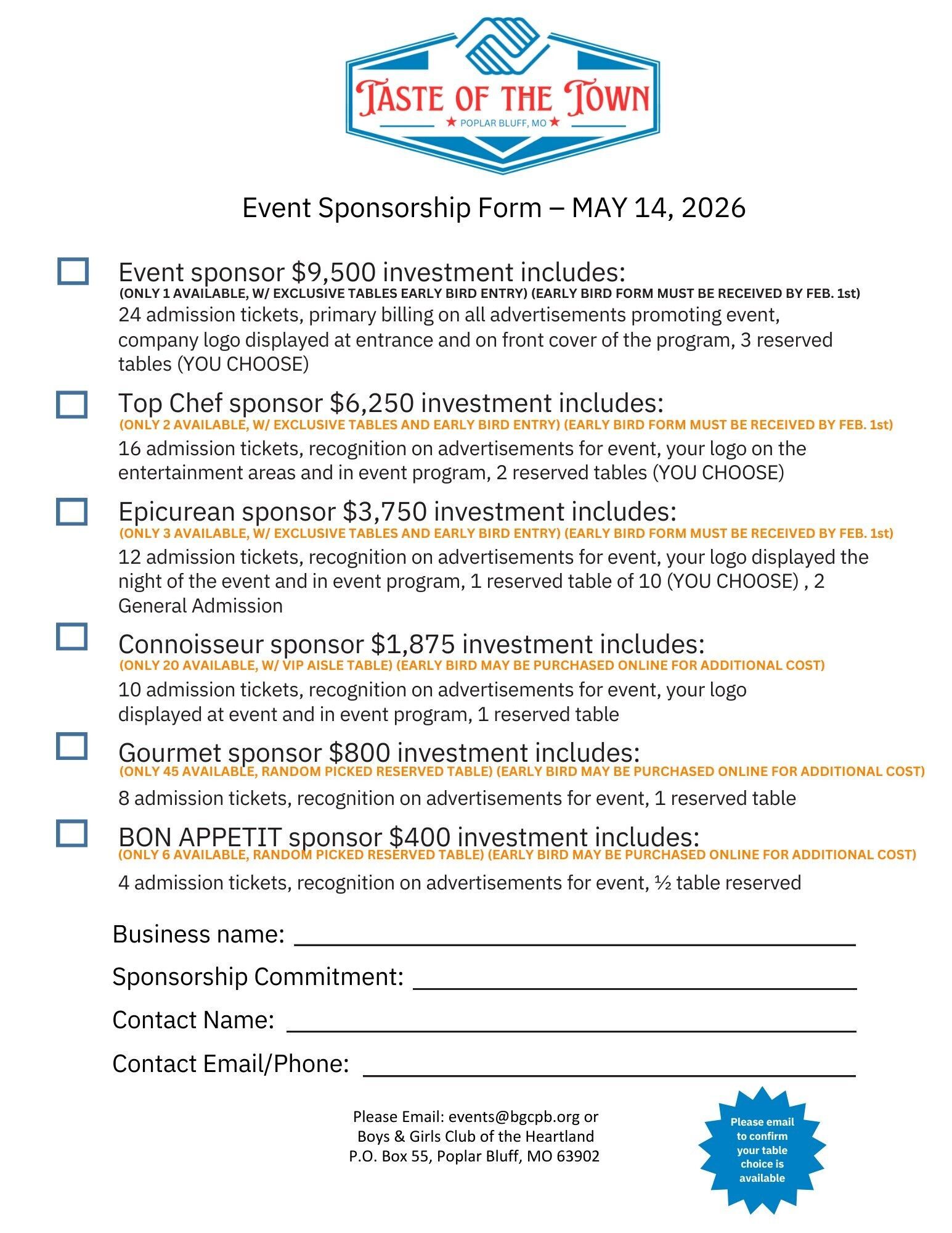 2026 TOT Sponsorship Levels