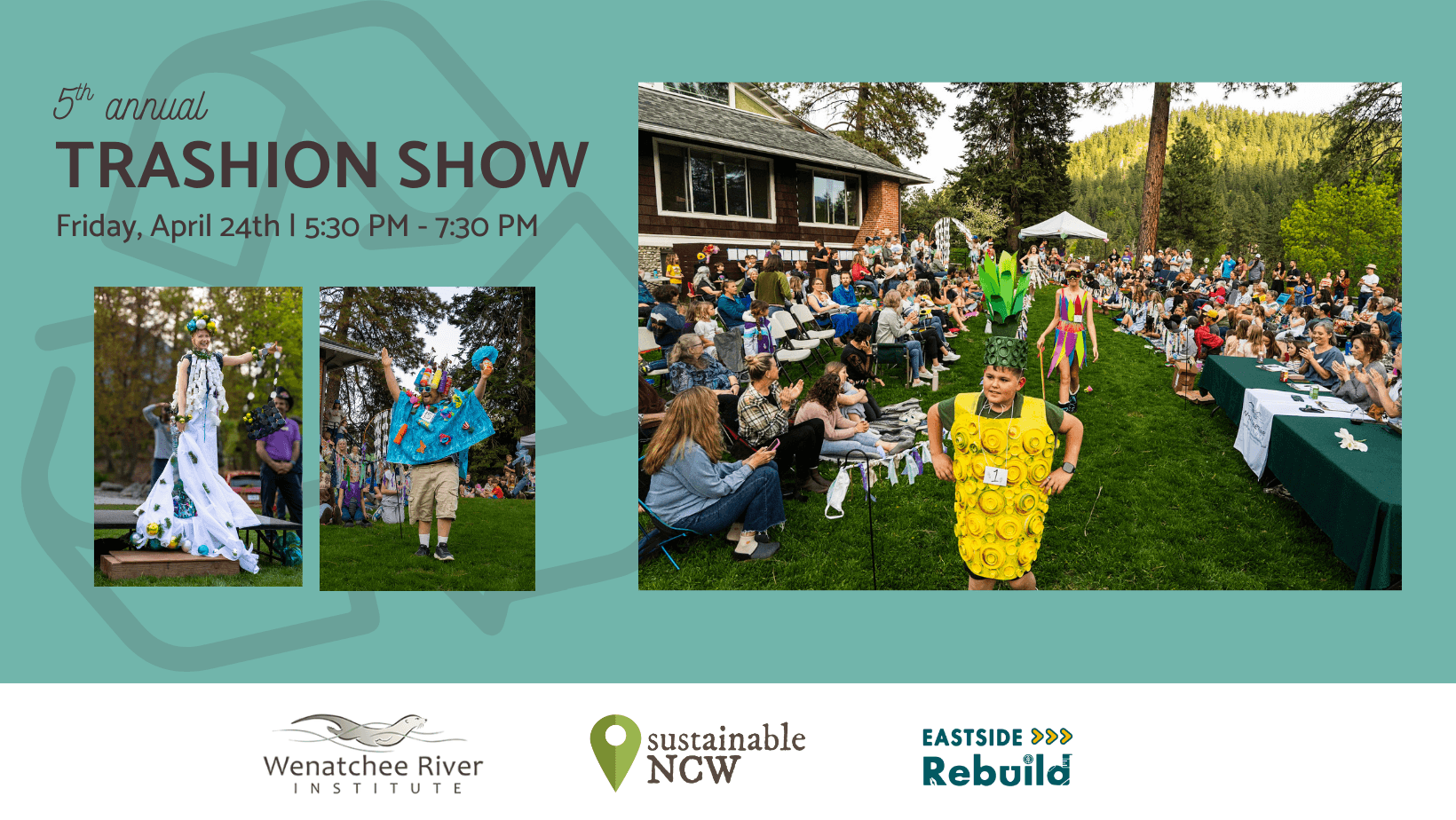 A model wears a cape made of old fabric, a mask made of scrap plastic, and a rescued hat. 