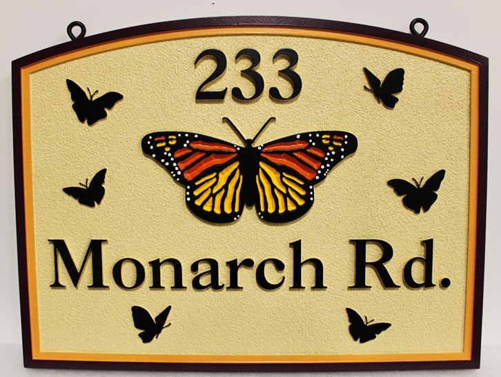 M17033 - Carved HDU Street Name Sign, Monarch Road. 2.5- Artist-Pained with Butterflies as Artwork