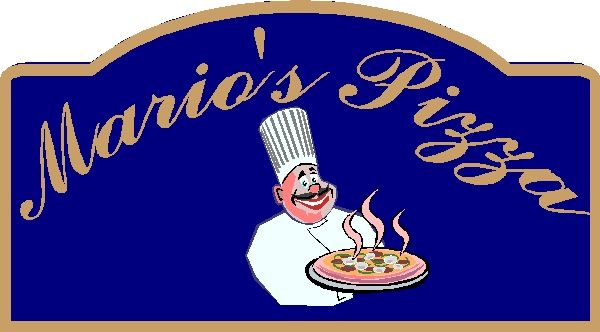 Q25210 - Design of Carved Wood or DHD Sign for Pizza Parlour with Carving of Chef with Pizza