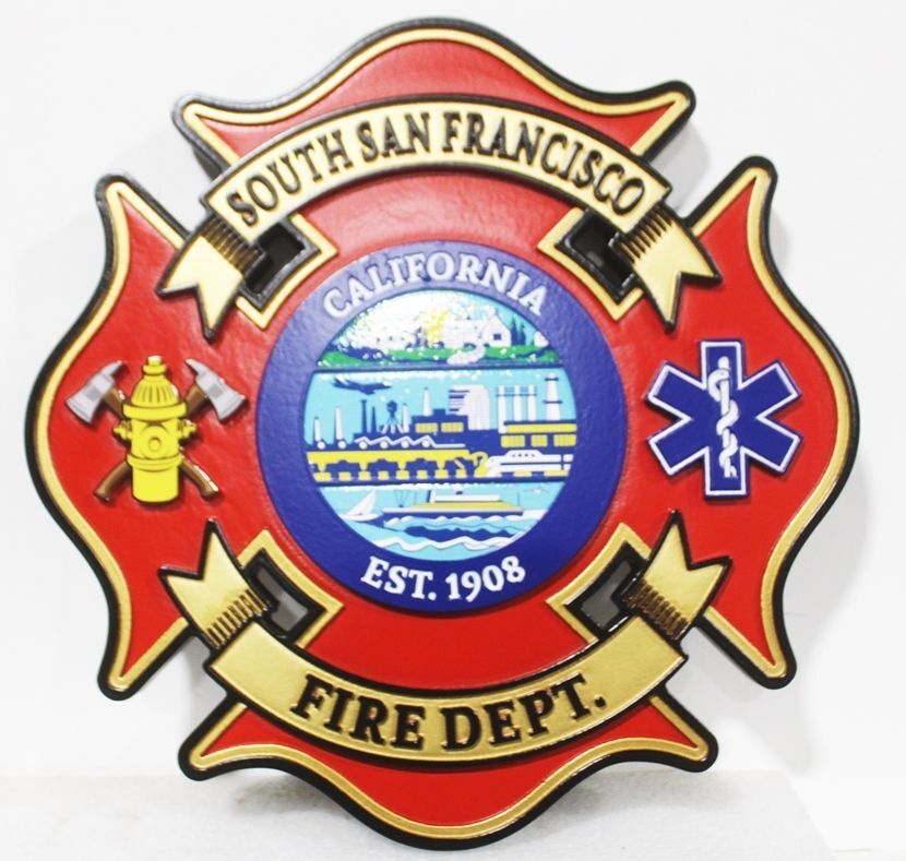 QP-1101 - Carved 2.5-D Mullt-Level Artist-Painted Wall Plaque of the Badge /Logo  of South San Francisco Fire Department