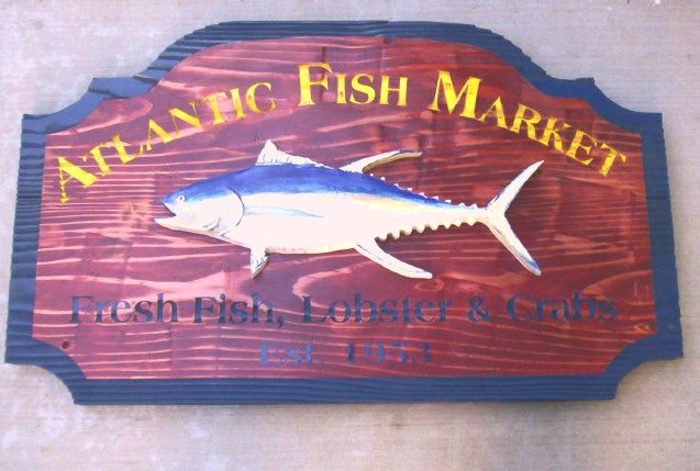 Q25156 - Rustic Carved Wood Sign for "Atlantic Fish Market Fresh Fish, Lobster and Crabs," 3-D Fish  (See Q25158)