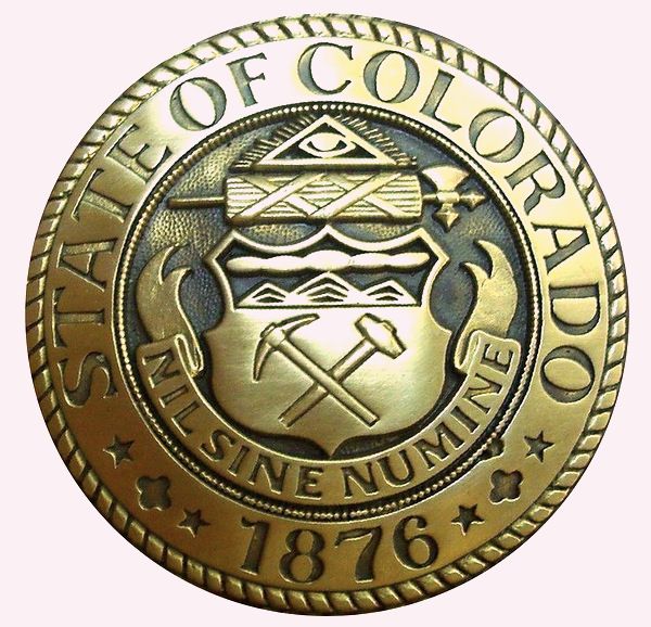 BP-1091 - Carved Plaque of Great Seal for the State of Colorado, 2.5-D Brass Plated with Dark Patina