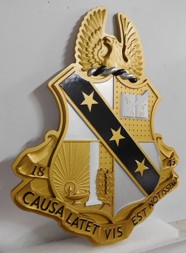 SP-1020 - Carved Wall Plaque for Crest of College Fraternity, Artist Painted in Metallic Gold and Silver