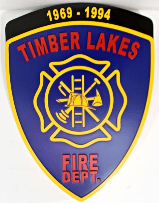 QP-2125 - Carved and Artist-Painted Plaque of the Shoulder Patch of the Timber Lakes Fire Department of  Montgomery County, Texas