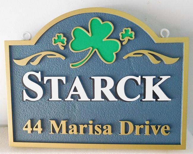 I18410 -  Irish Address Sign for "Starck" Family with a  2.5-D Carved Shamrock