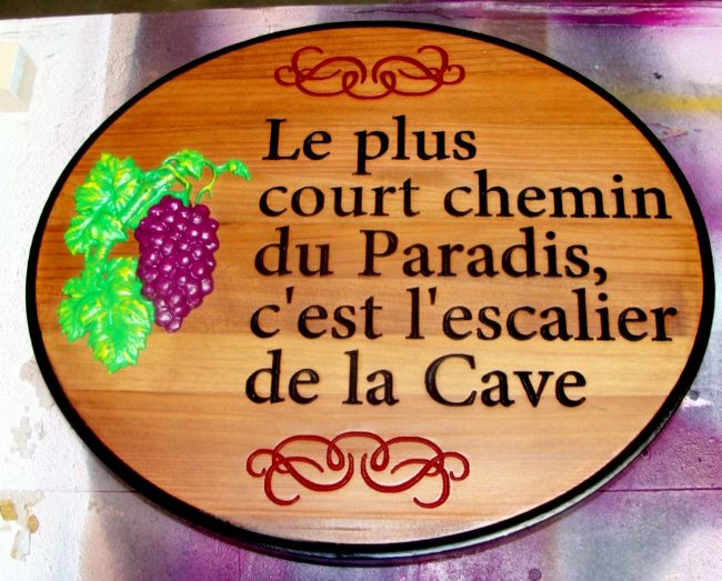 R27043 - Engraved Redwood Plaque with 3D Carved Grape Cluster 