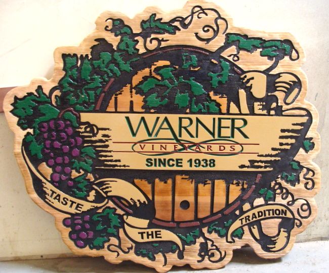 R27051 - Entrance Sign for Warner Vineyards, Sandblasted and Engraved Cedar with Grape Cluster and Vine Art 