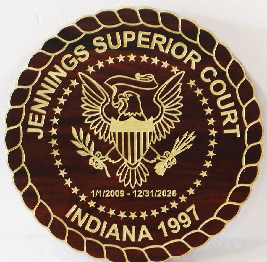 HP-1048 - Engraved Mahogany Plaque of the Seal of the Superior Court of the City of Jennings, Indiana, with Bright Gold Painted Text and Art