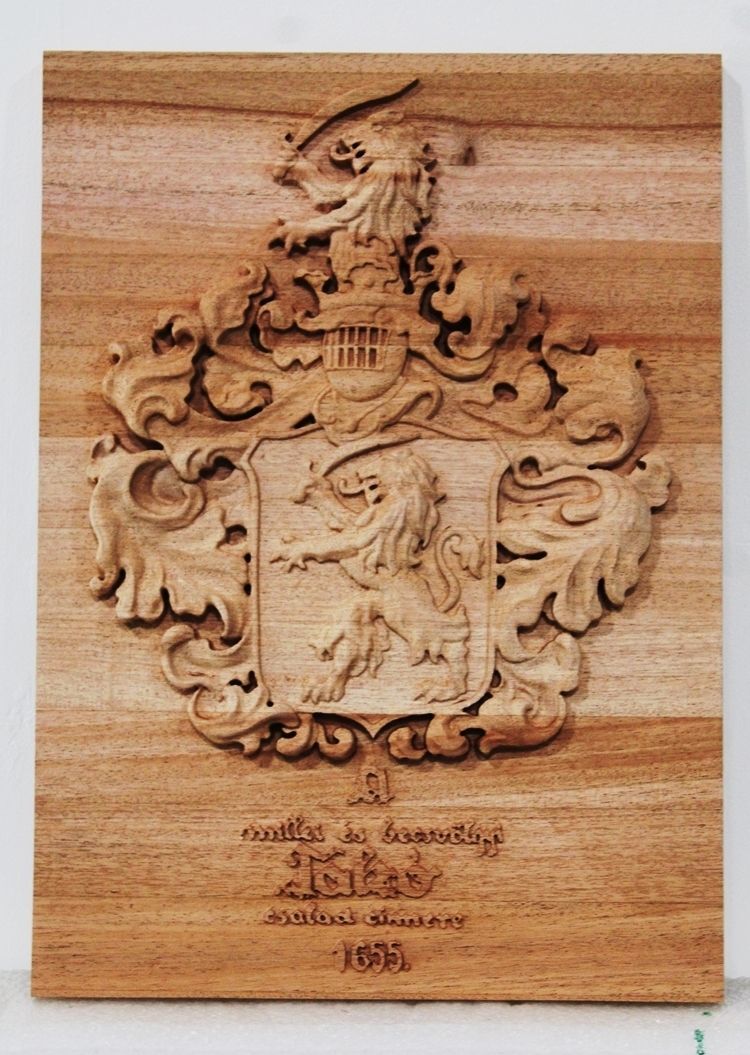 XP-1305 - Carved 3-D Mahogany Plaque of a Coat-of-Arms for the Tabo Family, with a Helmet and a Shield with a Rampant Lion 