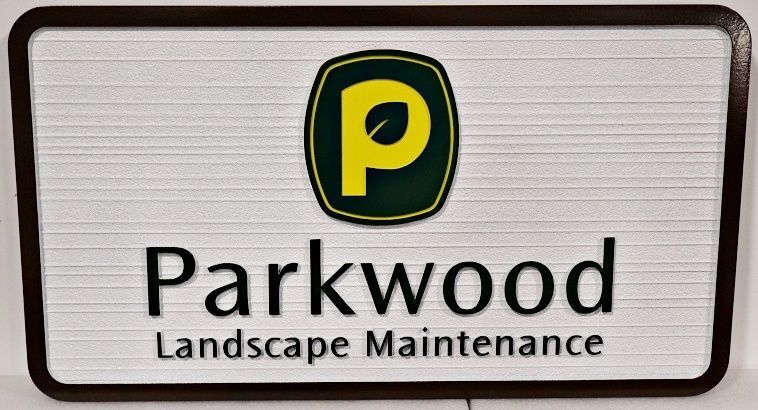 SC38209 - Carved and Sandblasted HDU 2.5-D Sign for "Parkwood Landscape Maintenance" with Logo