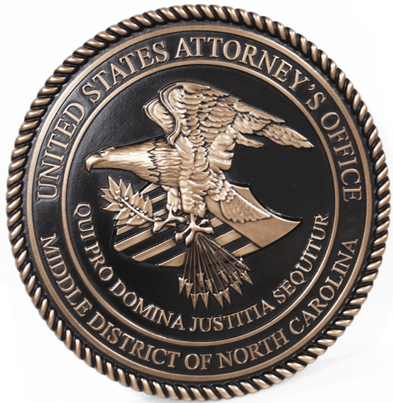 AP-2332 - Carved Seal of the US Attorney's Office, Department of Justice, Middle District of North Carolina,  3D Brass-Plated