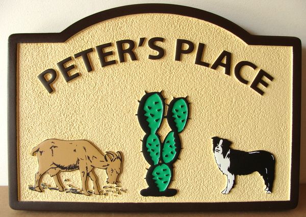 M22951 - Sandblasted HDU Sign for Desert Home, with Cactus, Dog and Goat "Peters Place"