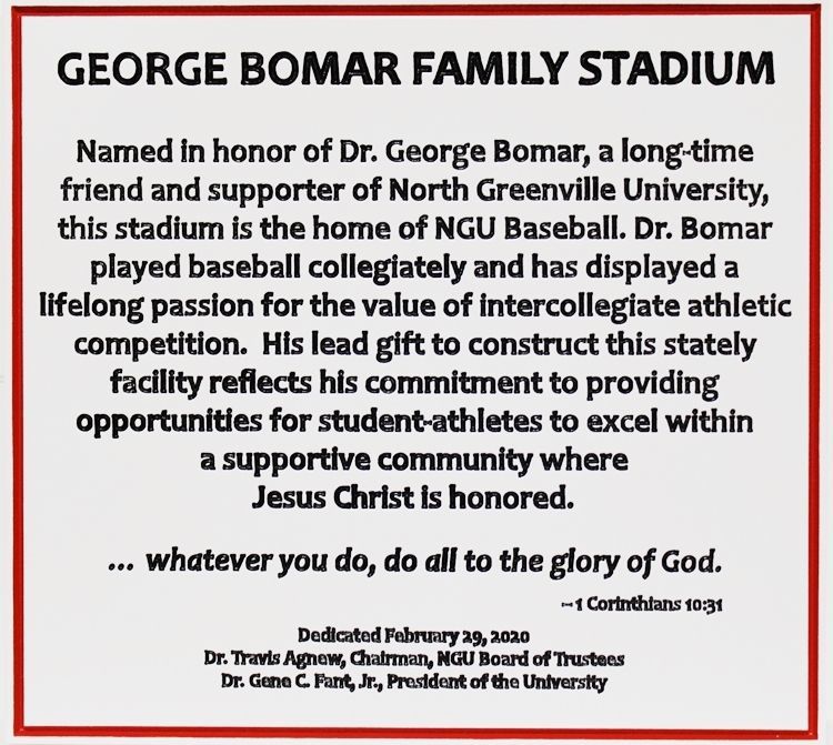 D13175 - Carved  2.5-D HDU  Dedication and Memorial Sign for the George Bomar Family Stadium 