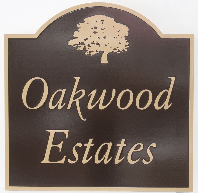 K20354 - Carved 2.5-D Entrance Sign for the "Oakwood Estates" , with the Silhouette of a Lone Oak Tree as Artwork