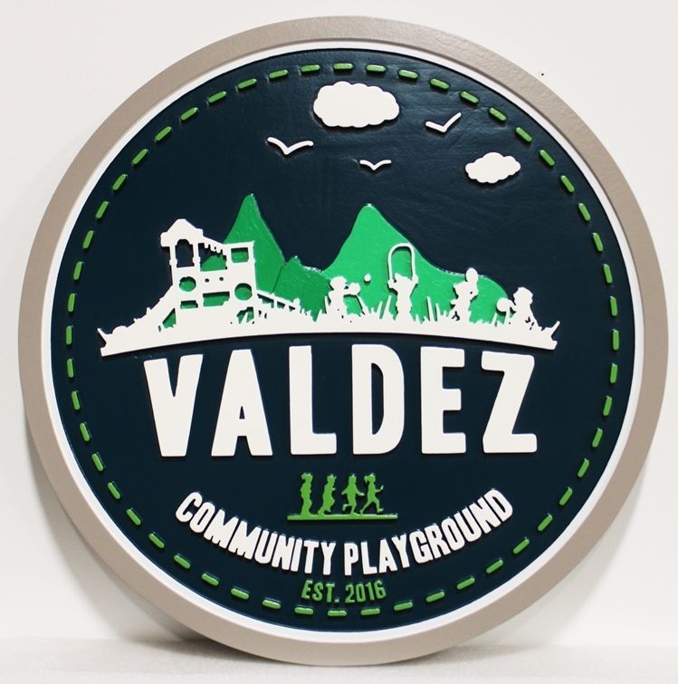 GA16620 - Round Carved High-Density-Urethane (HDU)  Sign for the Valdez Community Playground in Alaska