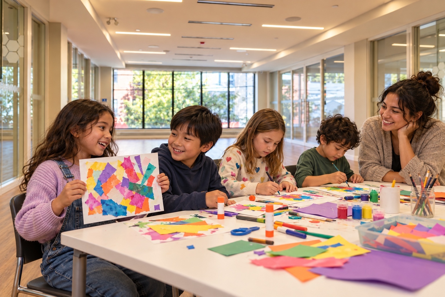 Illustration of children making art together with a facilitator at Beaches Sandbox.