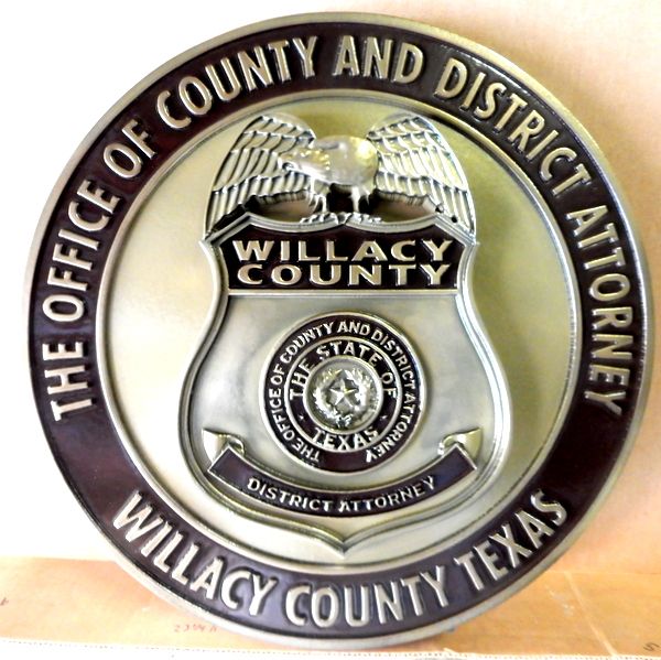 PP-1511 - Carved Wall Plaque of Badge of Attorney General, Willacy County, Texas , Aluminum Plated