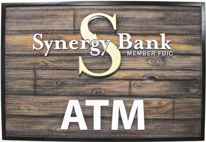 C12249 - High-Density-Urethane (HDU) Sign Carved in 2.5-D Raised Relief for an ATM of Synergy Bank