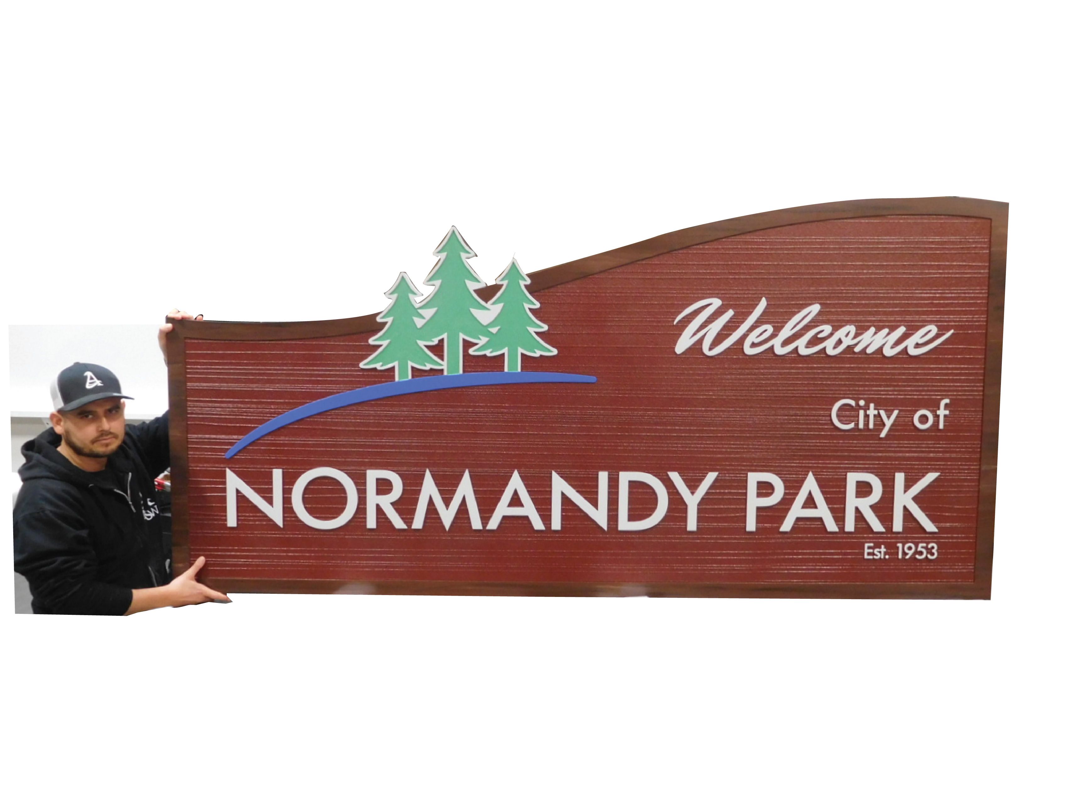 F15349 - Carved and Sandblasted Wood Grain  Entrance and Welcome  Sign  for Normandy Park, 2.5-D with Pine Trees as Artwork