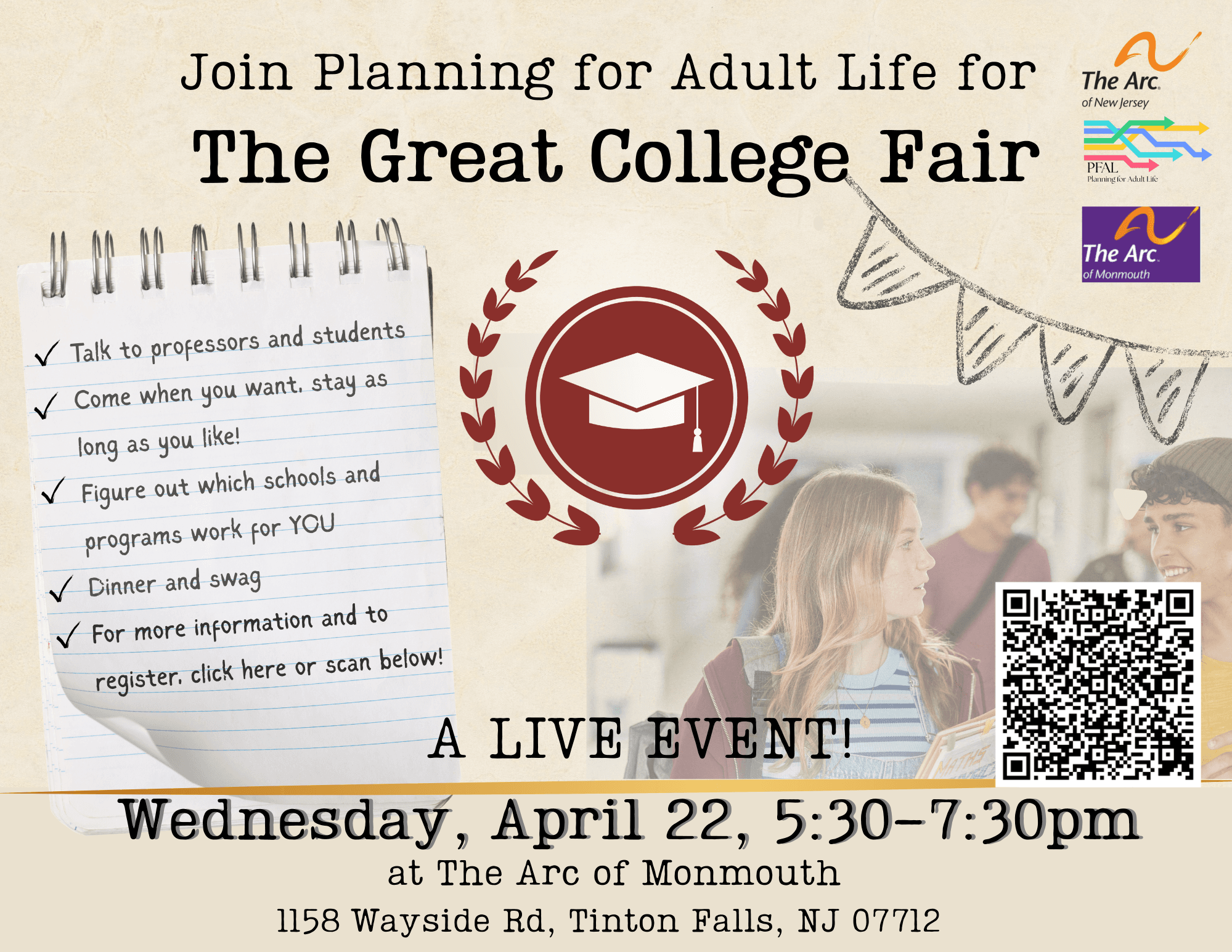 Join Planning for Adult Life and The Arc of Monmouth for an amazing college fair - meet professors and students, get some swag, have some dinner (on us!), and learn about the schools and transition programs that are right for YOU!