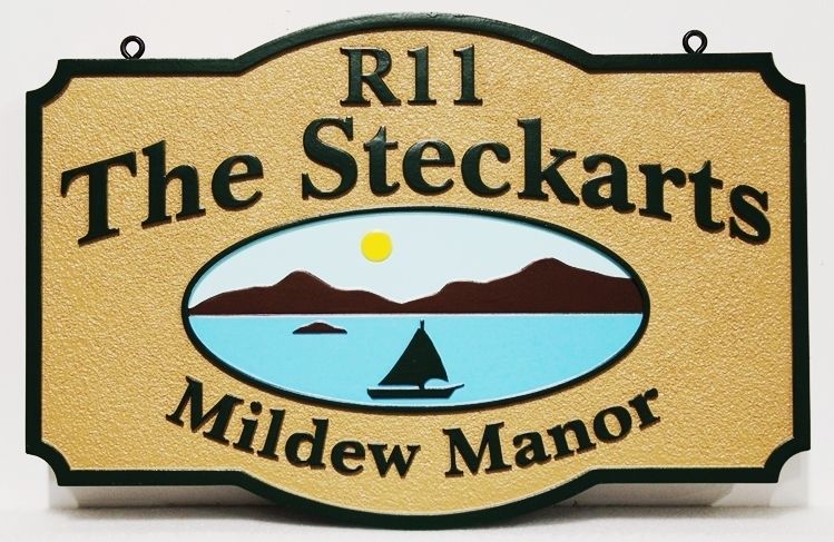 M22399 - Carved and Sandblasted 2.5-D  HDU Residence name and address Sign "The Steckarts - Mildew Manor", with a Scene of a Lake, Sailboat and Mountains as Artwork