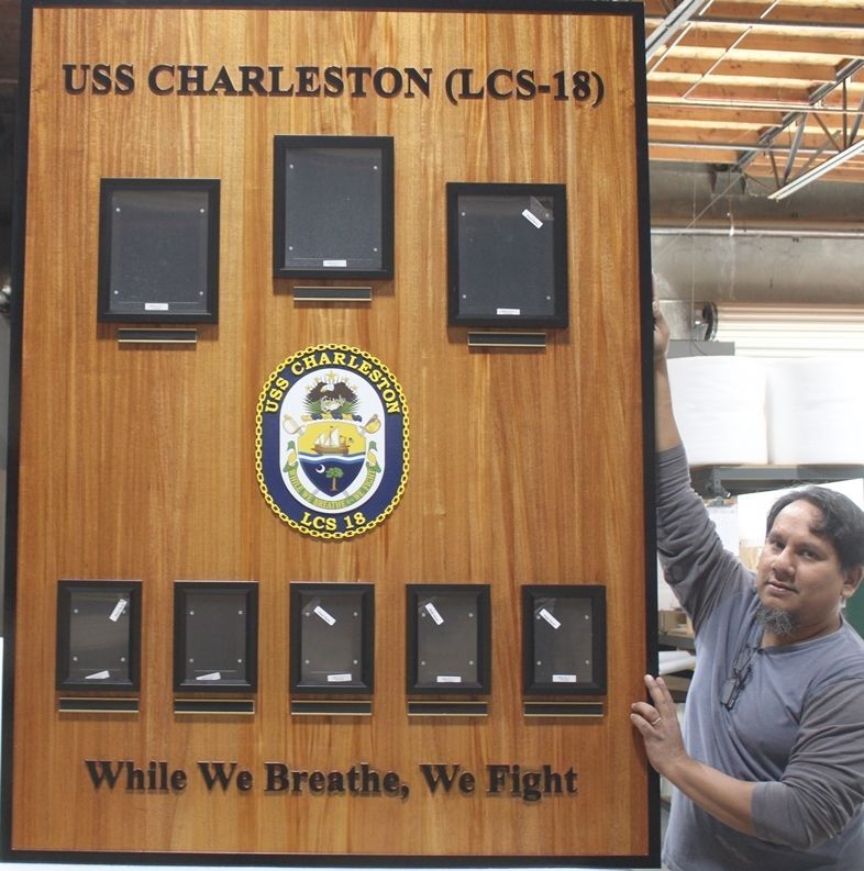 JP-1343 - Carved Redwood Chain of Command Photo Board for the USS  Charleston (LCS-18), US Navy