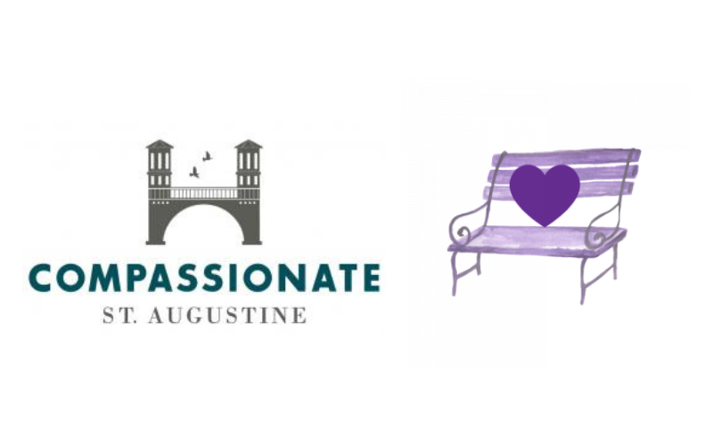 St. Augustine logo and a purple bench illustration