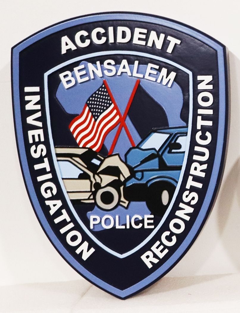 PP-2512 - Carved 2.5-D Multi-Level Artist-Painted Plaque of the Shoulder Patch of the Accident Investigation & Reconstruction Police Unit of Bensalem Township, Bucks County, Pennsylvania