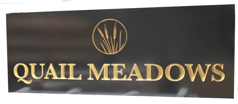 K20071 - Carved HDU Entrance Sign for the  "Quail Meadows" Residential Community, with Prismatic Letters and Bullrush Artwork Gilded with 24K Gold Leaf