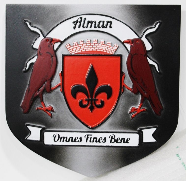 XP-2037- Carved 2.5-D Raised Relief HDU Plaque of the  Coat-of-Arms for the Alman Family  with a Shield and Two Ravens 