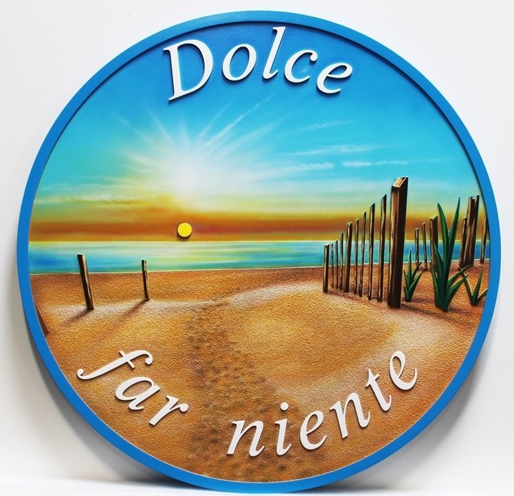 L21083  - Carved 2.5-D Raised Relief  HDU Coastal Residence Name Sign "Dolce far Niete" , with  Plants, Sand, Sea and Sunset as Artwork