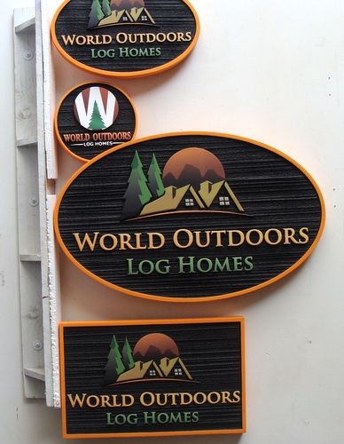 SA28537 - Signs for "World Outdoors Log Homes" Company, Evergreen Trees and  Log Homes as Artwork