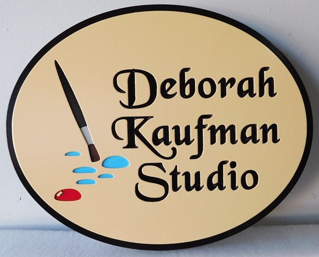 SA28412 - Carved Engraved  HDU  Sign for the "Deborah Kaufmann Studio", with Artist Brush and Paint as Artwork