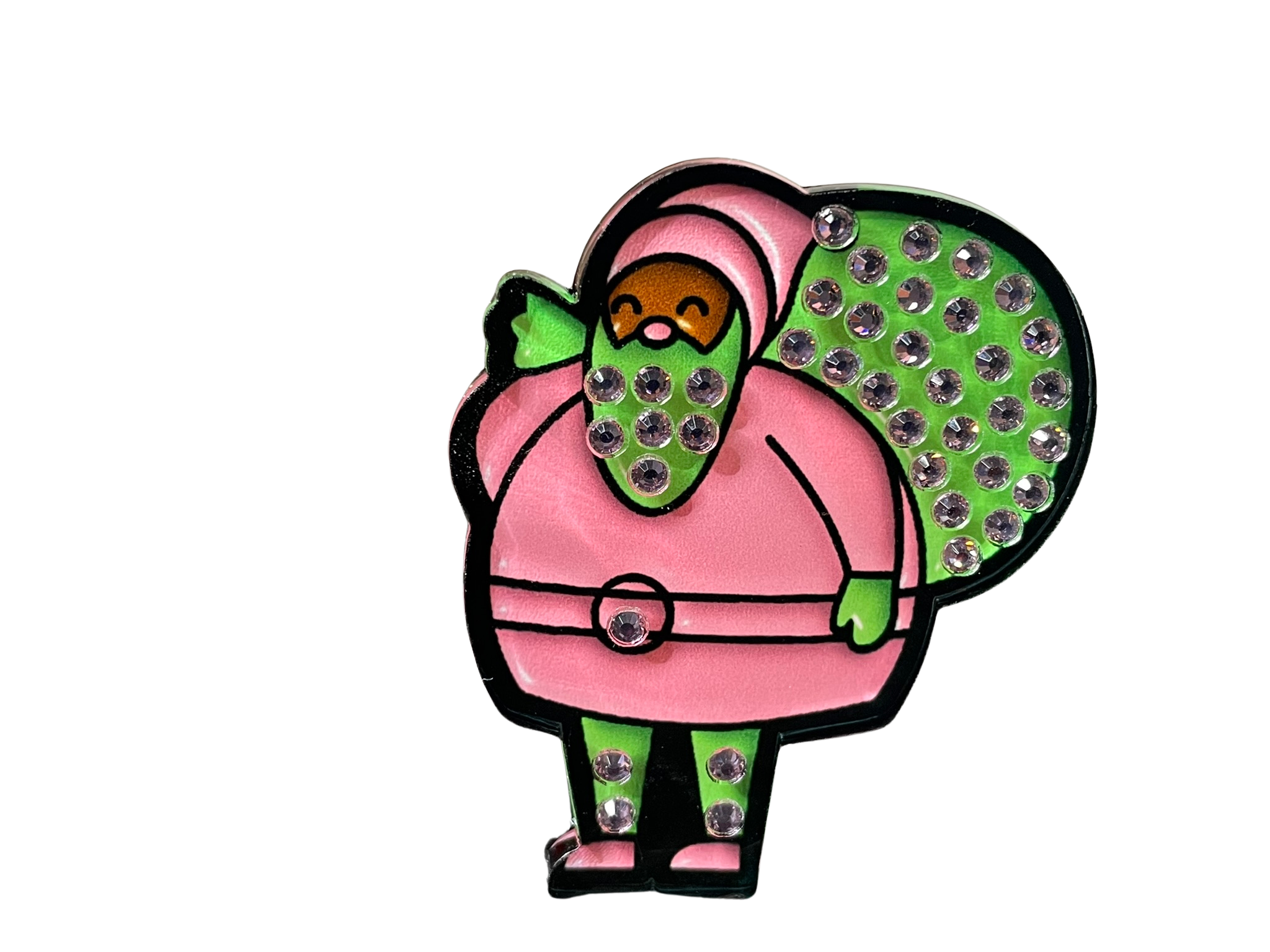 Rhinestone Pink Santa with Green Bag Acrylic Pin