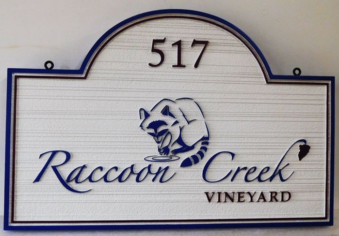R27072 - Entrance and Address HDU Sign for  "Raccoon Creek Vineyard"  with a Raised Outline Carving of a Raccoon Drinking Water 