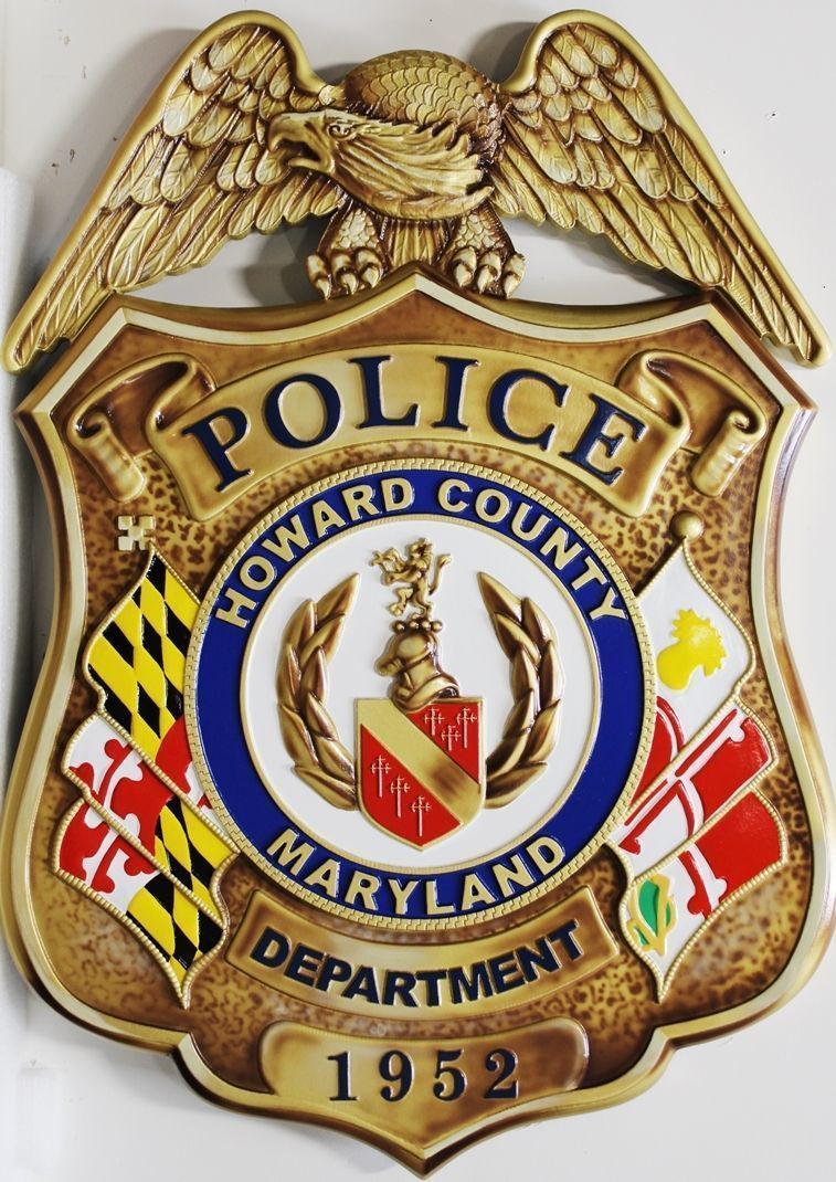 X33587 - Carved 3-D HDU Plaque of the  Badge of the Police Department of Howard County, Maryland 