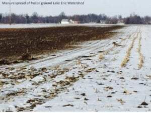 Manure spread on frozen ground Lake Erie Watershed.