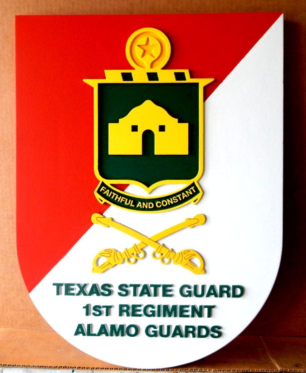 MP-2085 - Carved Plaque of the Insignia of the Texas State Guard "Alamo Guards",  Artist Painted
