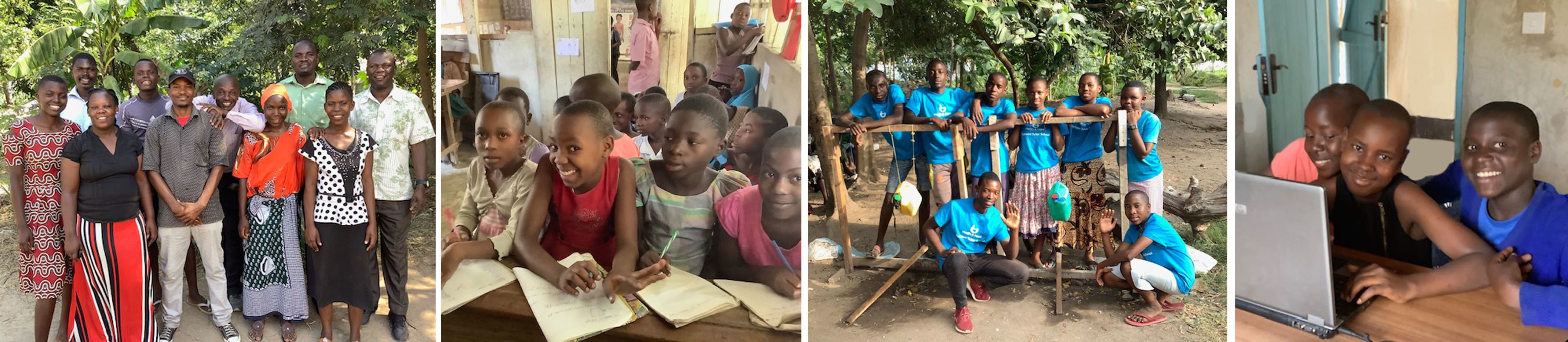 Collage of photos: 1. group of people smiling 2. group of children in school 3. group of children at the handwashing station 4. 3 kids playing on a computer.