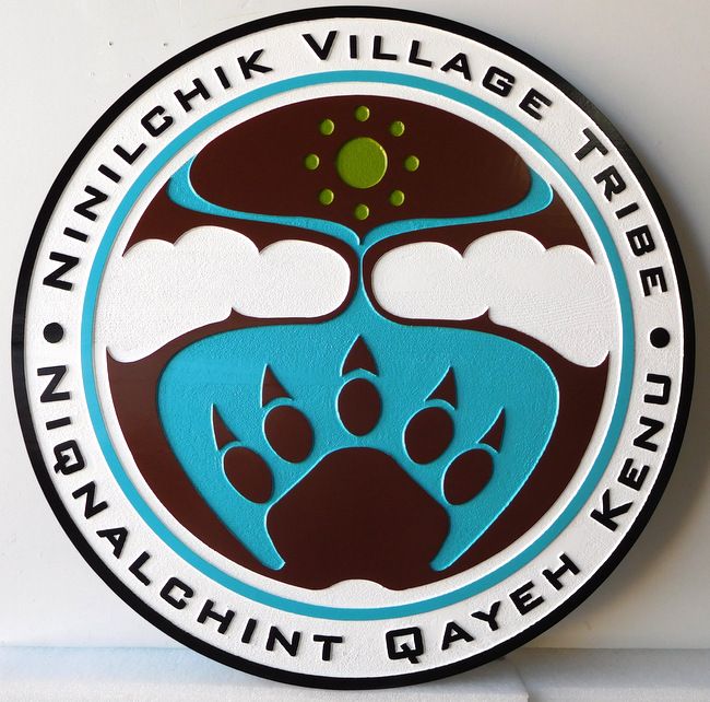 X33121 - Wall Plaque Featuring the Emblem of the Village of Ninilchik Village, Alaska, with Stylized  Bear Paw-Print as Artwork
