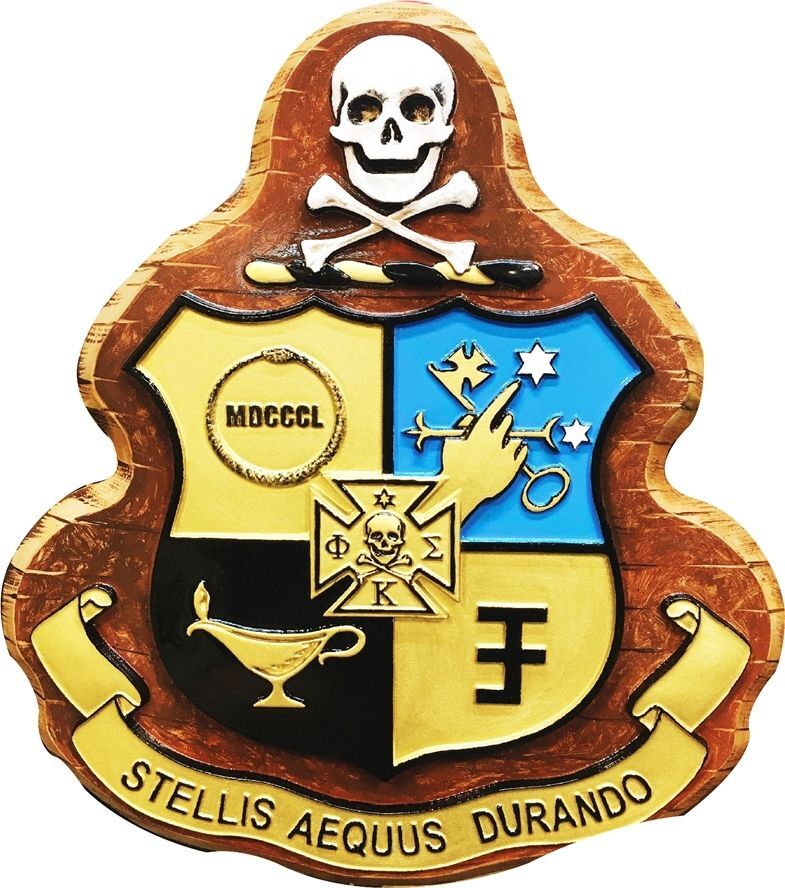 XP-2038 - Carved 2.5-D Multi-Level Plaque of the Coat-of-Arms for the Phi Kappa Sigma College Fraternity with  a Skull , Badge and Four Quadrant Shield 