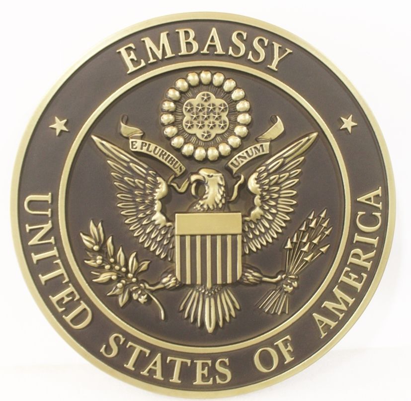 AP-3670 - Carvd 3-D Ba-relief Brass=Plated Plaque of the  Seal of a United States Embassy