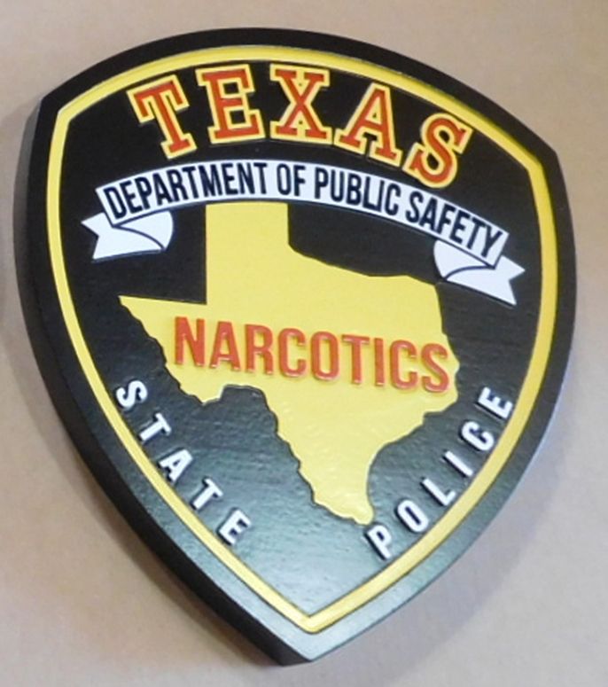 PP-2420 - Carved Plaque of the Shoulder Patch of the State Police, Narcotics Division, of  the State of Texas, 2.5-D Artist-Painted