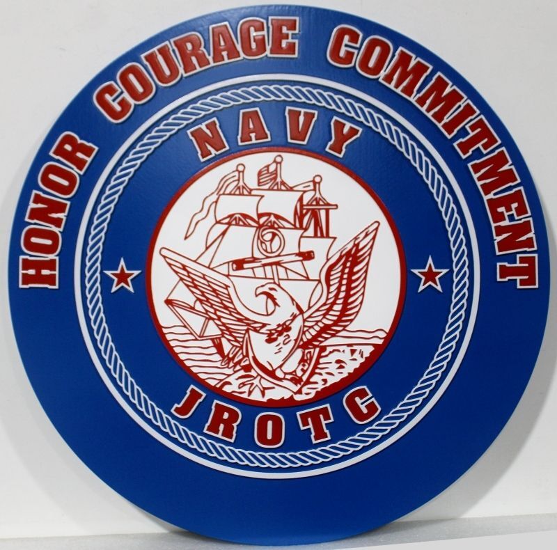 JP-2502 - Custom 2.5-D Carved HDU Wall Plaque of the U.S. Navy JROTC Round Plaque with Eagle, Anchor, and Ship Emblem