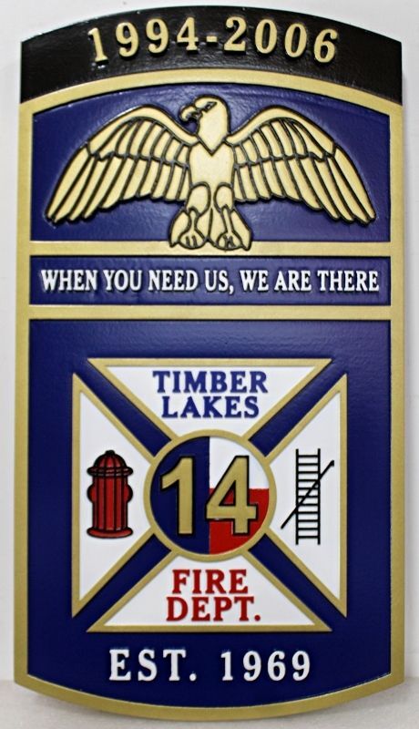QP-3026 - Carved Blue Wall Plaque of Timber Lakes Fire Department Shield Plaque, Montgomery County, Texas, Painted HDU