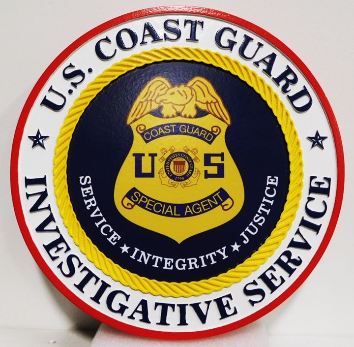 PP-1545 - Carved Plaque of the Badge of the US Coast Guard Investigative Services, Artist-Painted with Giclee Applique 